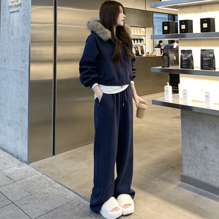 加绒毛领连帽卫衣外套运动套装女秋冬季新款休闲宽松阔腿裤两件套