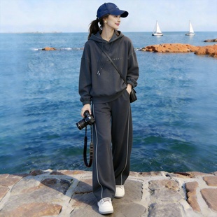 休闲连帽卫衣运动套装女春秋季新款简约风穿搭宽松阔腿裤两件套潮