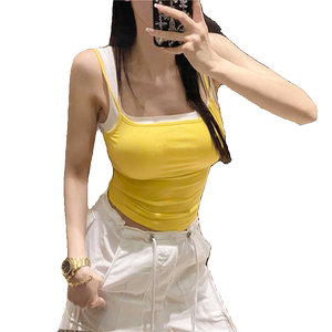 紧身短款假俩件吊带女背心夏季新款简约修身显瘦辣妹拼色U领上衣