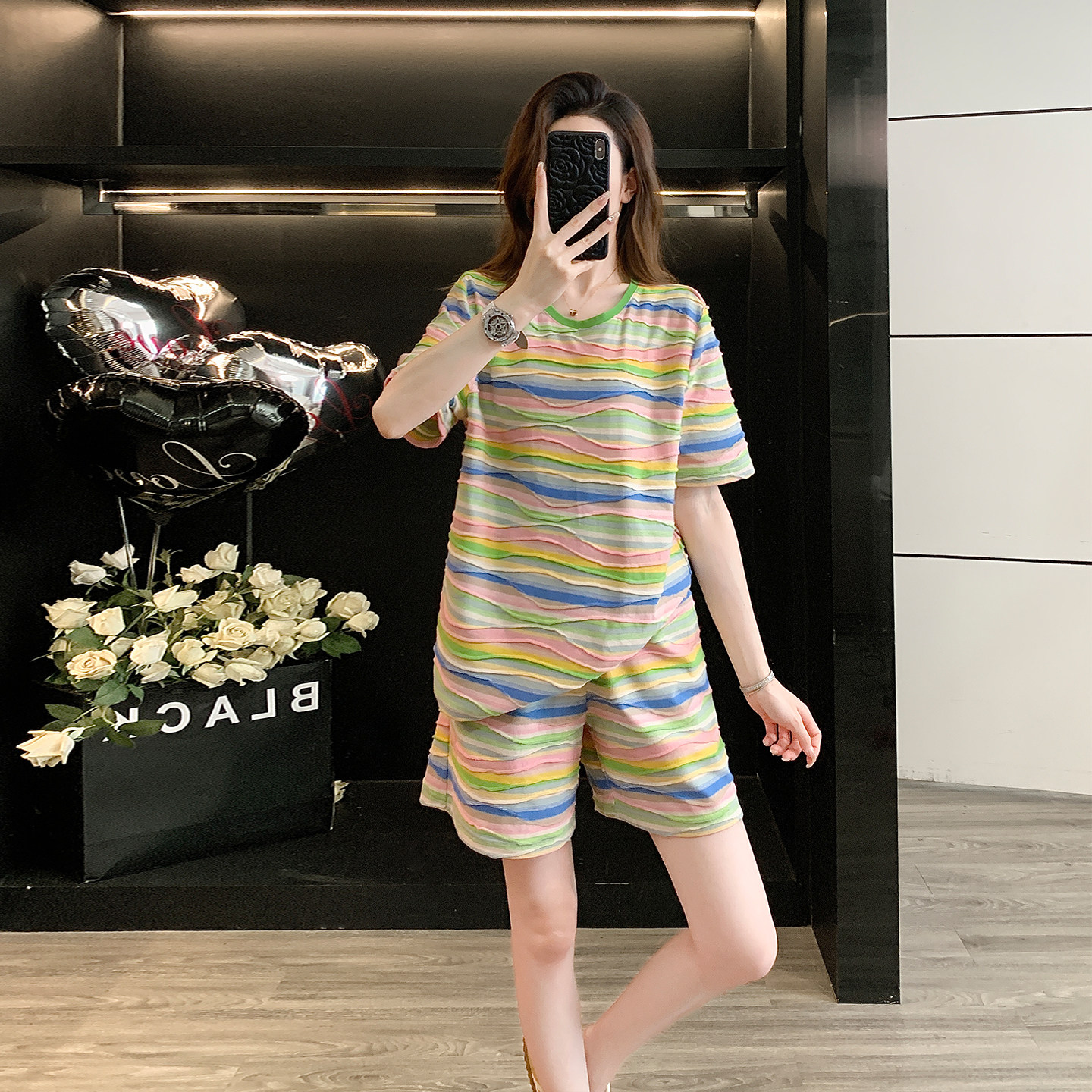 条纹短袖运动套装女短裤两件套潮