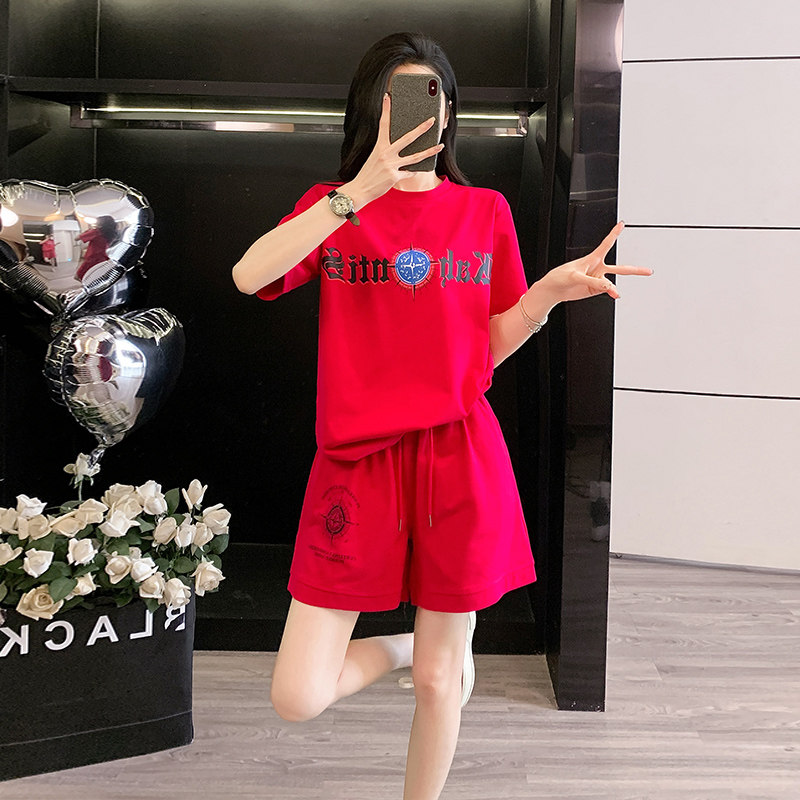 休闲短袖运动套装女夏季新款宽松显瘦时尚洋气减龄跑步短裤两件套