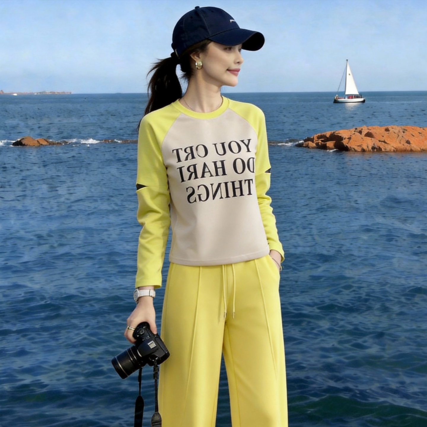 字母印花撞色镂空长袖T恤女春秋季新款休闲宽松显瘦百搭圆领上衣