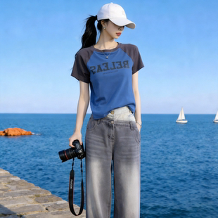 美式辣妹风字母印花拼色短袖T恤女夏季休闲宽松显瘦半袖衫上衣潮