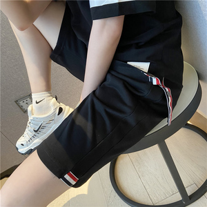 炸街短裤女宽松夏季新款情侣装男女同款织带中裤灰色休闲五分裤潮