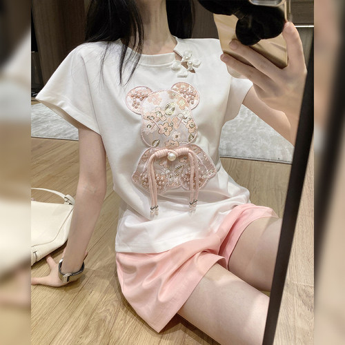 重工订珠小熊短袖t恤女夏季