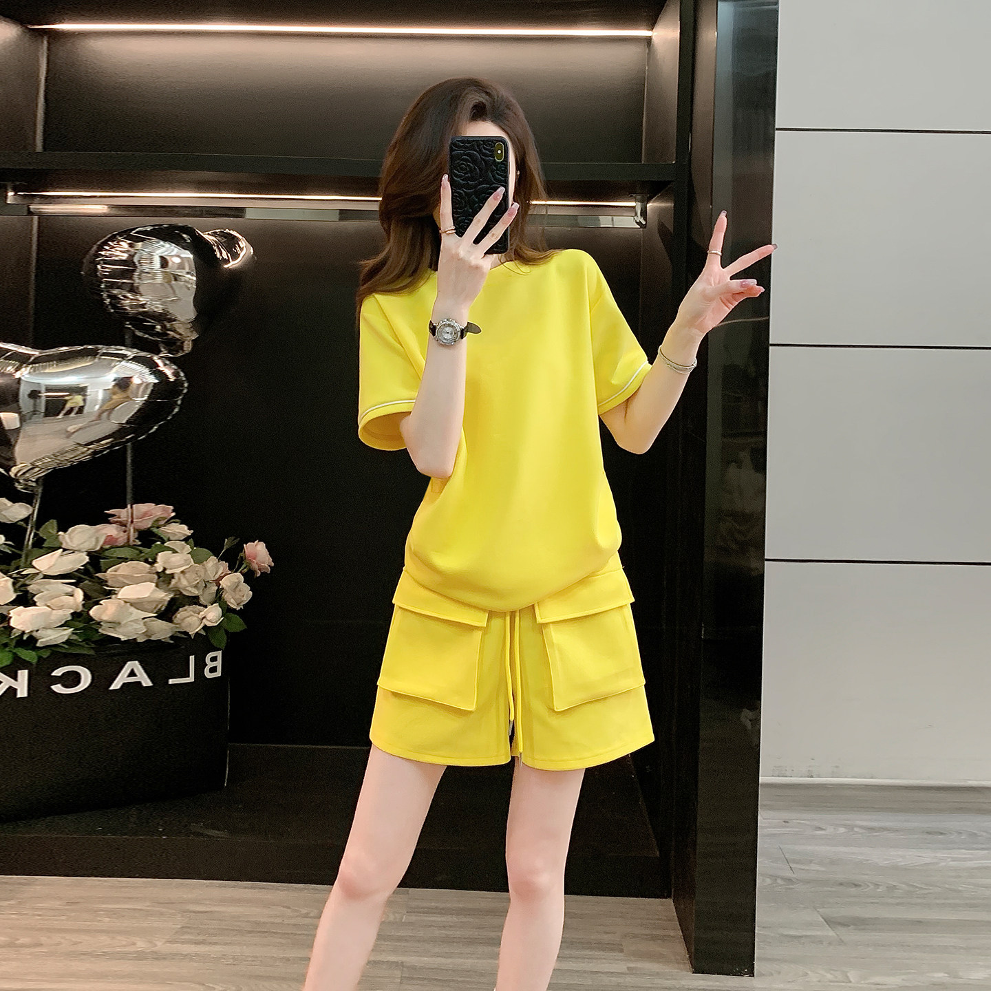 时尚休闲t恤短袖运动套装女夏季新款纯色宽松减龄工装短裤两件套