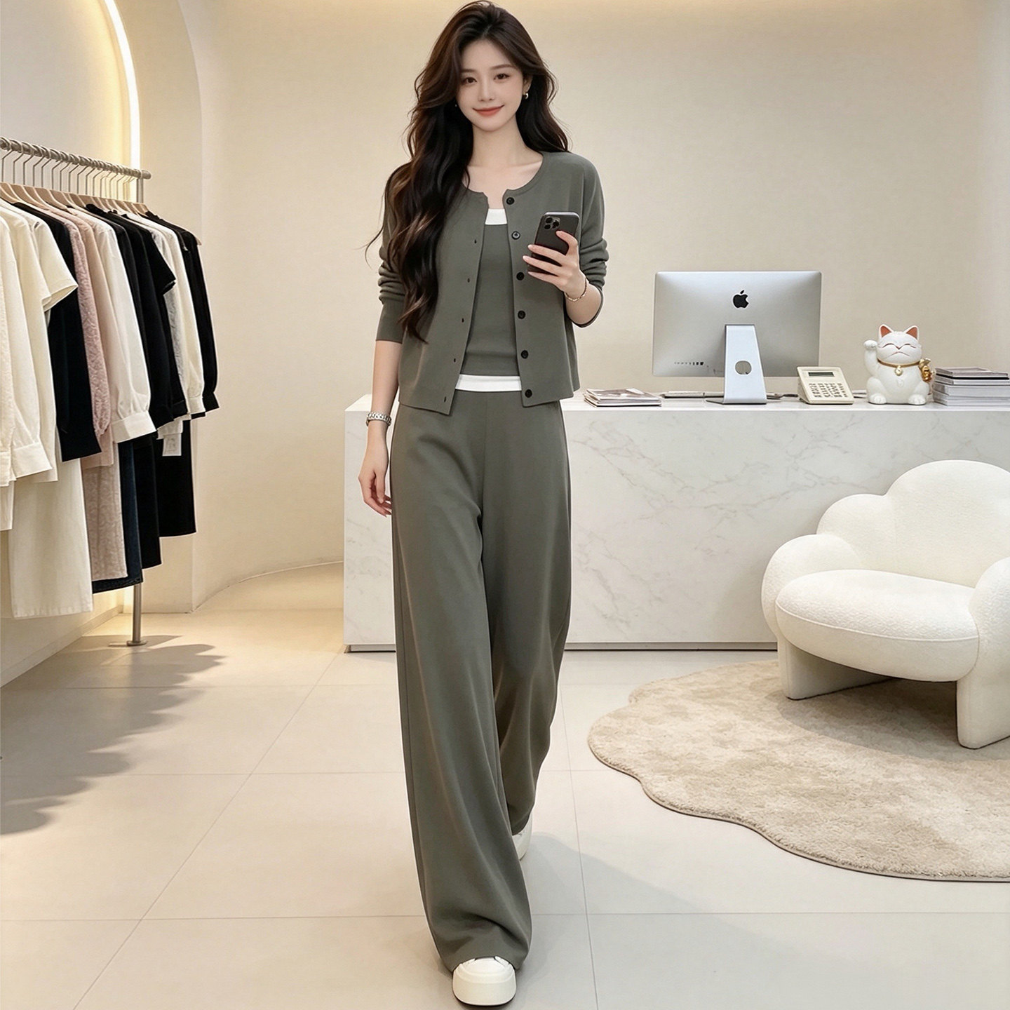 长袖开衫运动套装女阔腿裤三件套