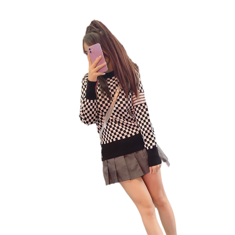 棋盘针织打底衫女毛衣黑白格子