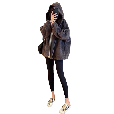 羊羔绒连帽外套女加绒拉链开衫潮
