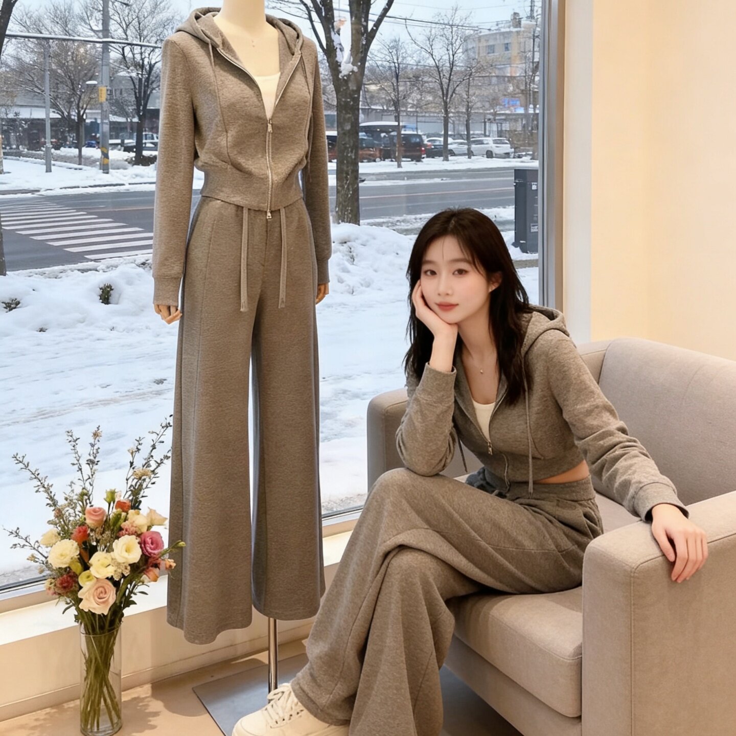 休闲连帽短款卫衣外套运动套装女春秋季新款宽松显瘦阔腿裤两件套