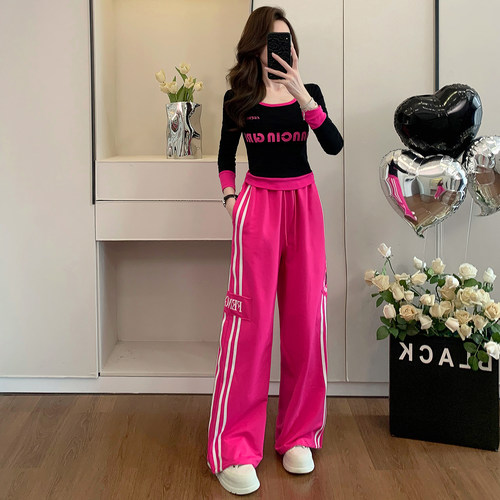 短款长袖运动套装女阔腿裤两件套