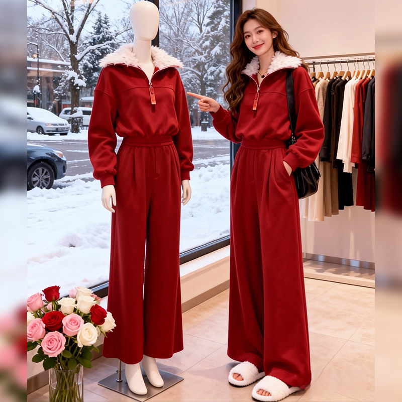 加绒毛领立领长袖卫衣运动套装女秋冬季新款休闲宽松阔腿裤两件套