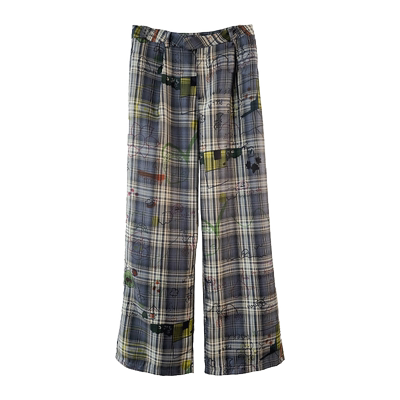 印染涂鸦格子阔腿裤女薄款夏季