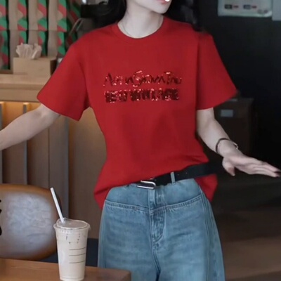 红色重工刺绣亮片字母短袖T恤女