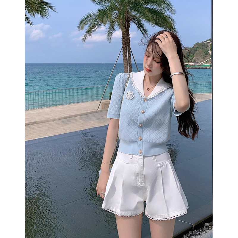 RIERA高级感别致法式翻领针织衫小香风短袖上衣女夏薄款轻奢撞色t