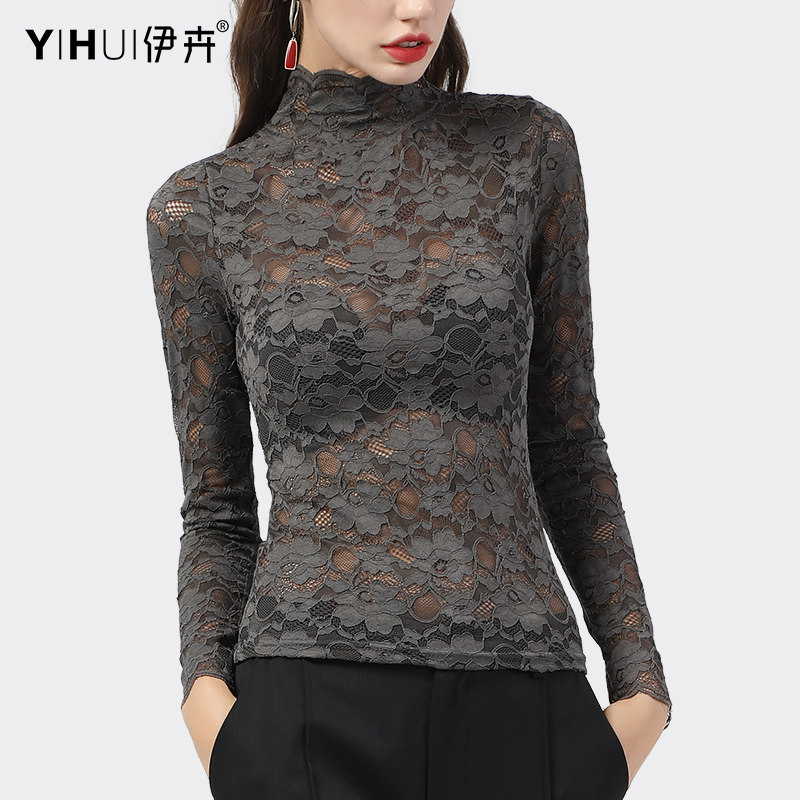 蕾丝衫女打底衫镂空长袖上衣高领小衫性感透视春秋装新款薄款内搭