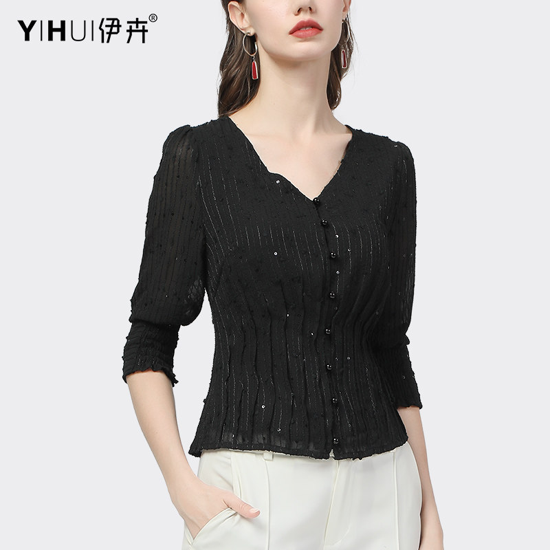 欧洲站气质v领雪纺衫修身显瘦亮片时尚小衫短袖夏季新款上衣大码