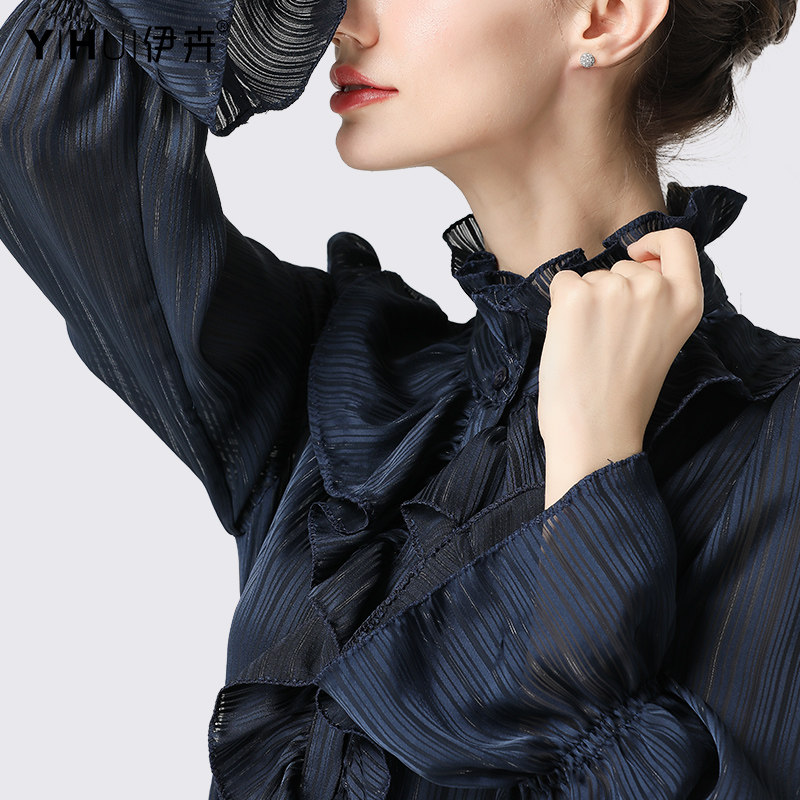 2022春装新款衬衫荷叶边立领喇叭长袖雪纺衫气质洋气上衣衬衣女装