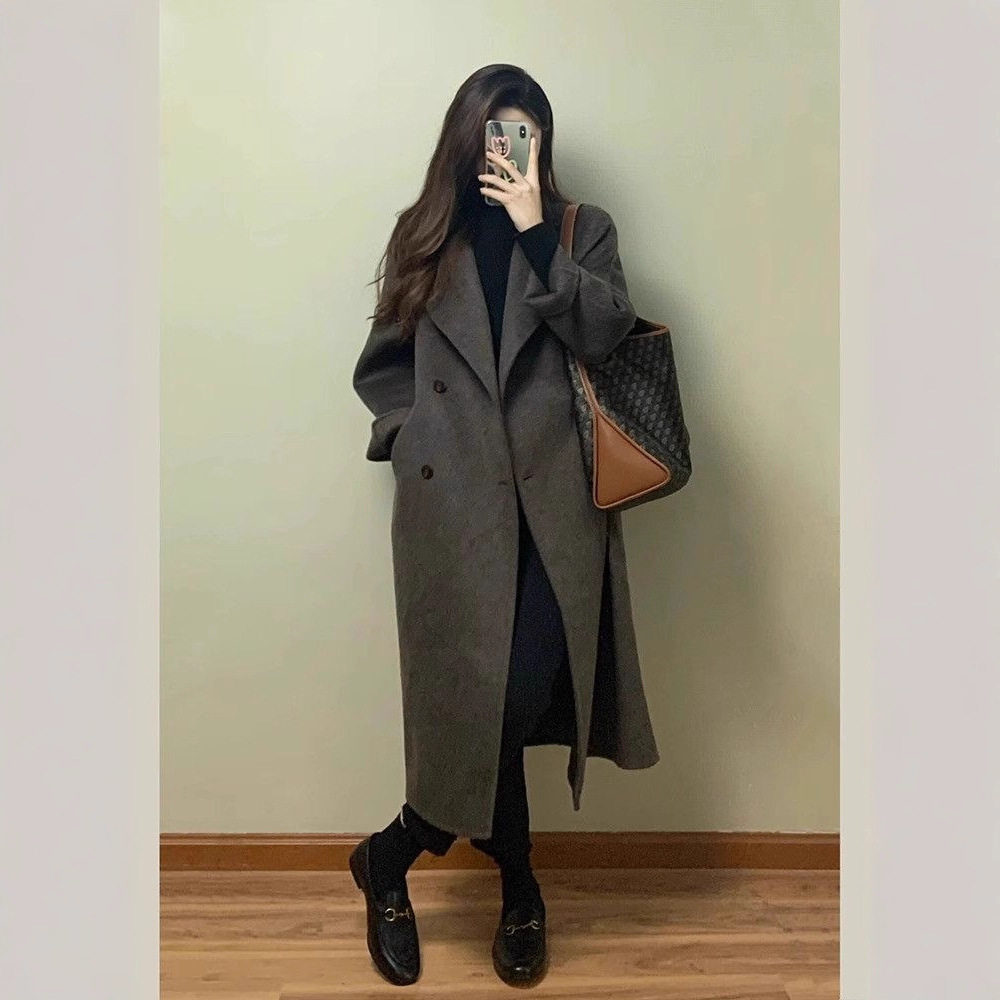 25女款秋冬季中长款外套毛呢大衣感加厚过膝中长款韩系风呢子外套