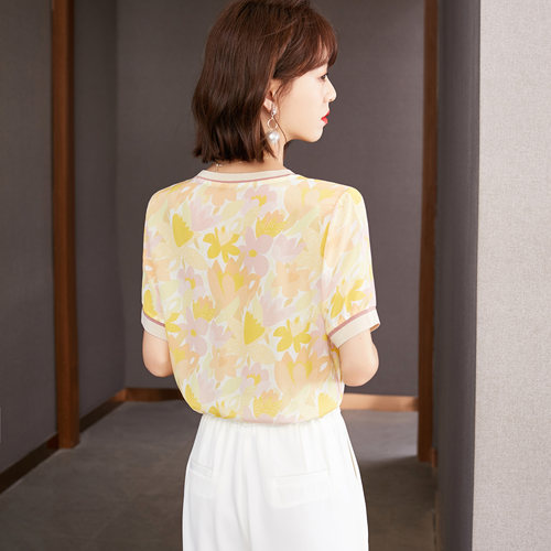 ◆有◆2026年夏新款真丝上衣女短袖抽象印花小衫蚕丝T恤
