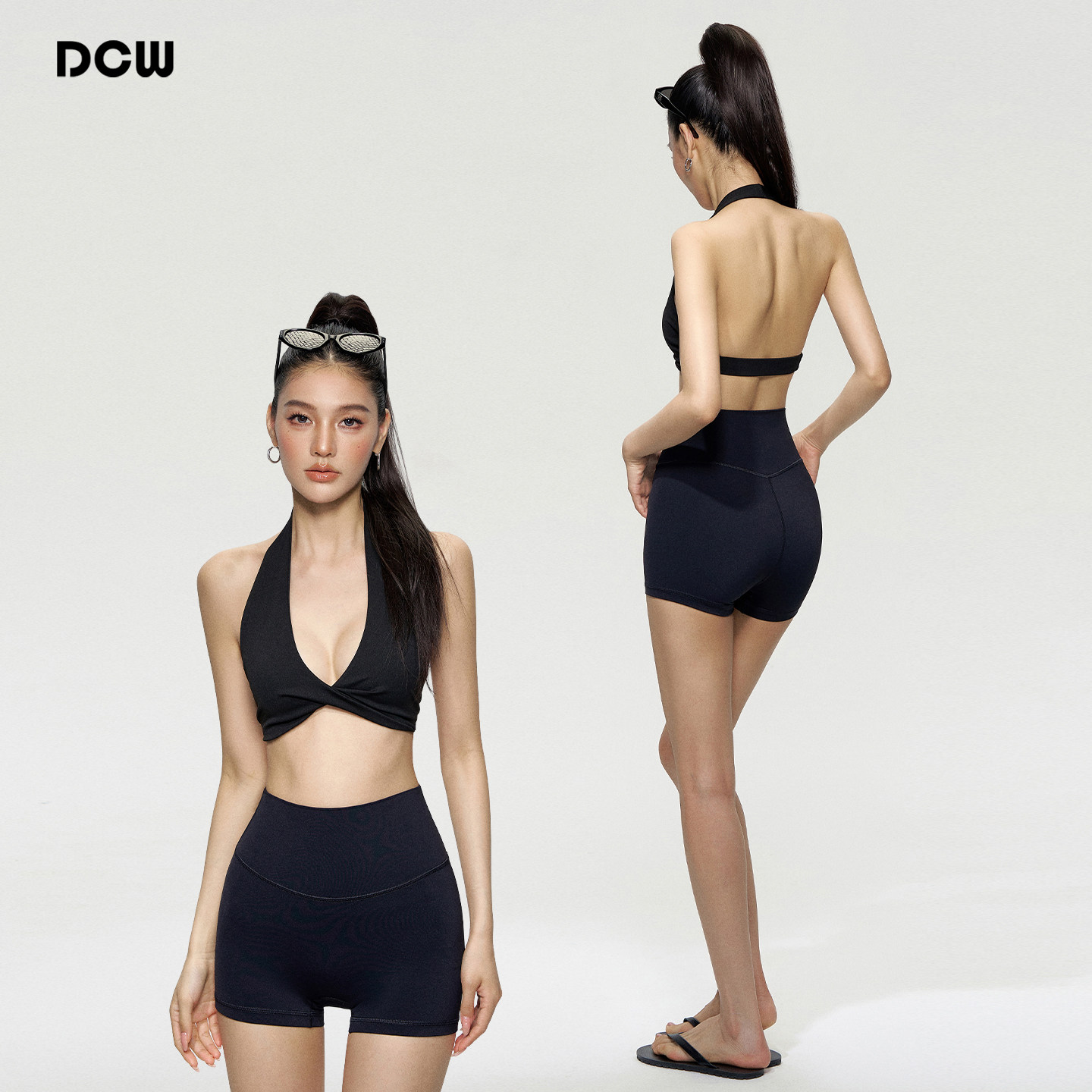 DCW高级感瑜伽服套装女深V扭结挂脖运动内衣性感露背外穿健身背心