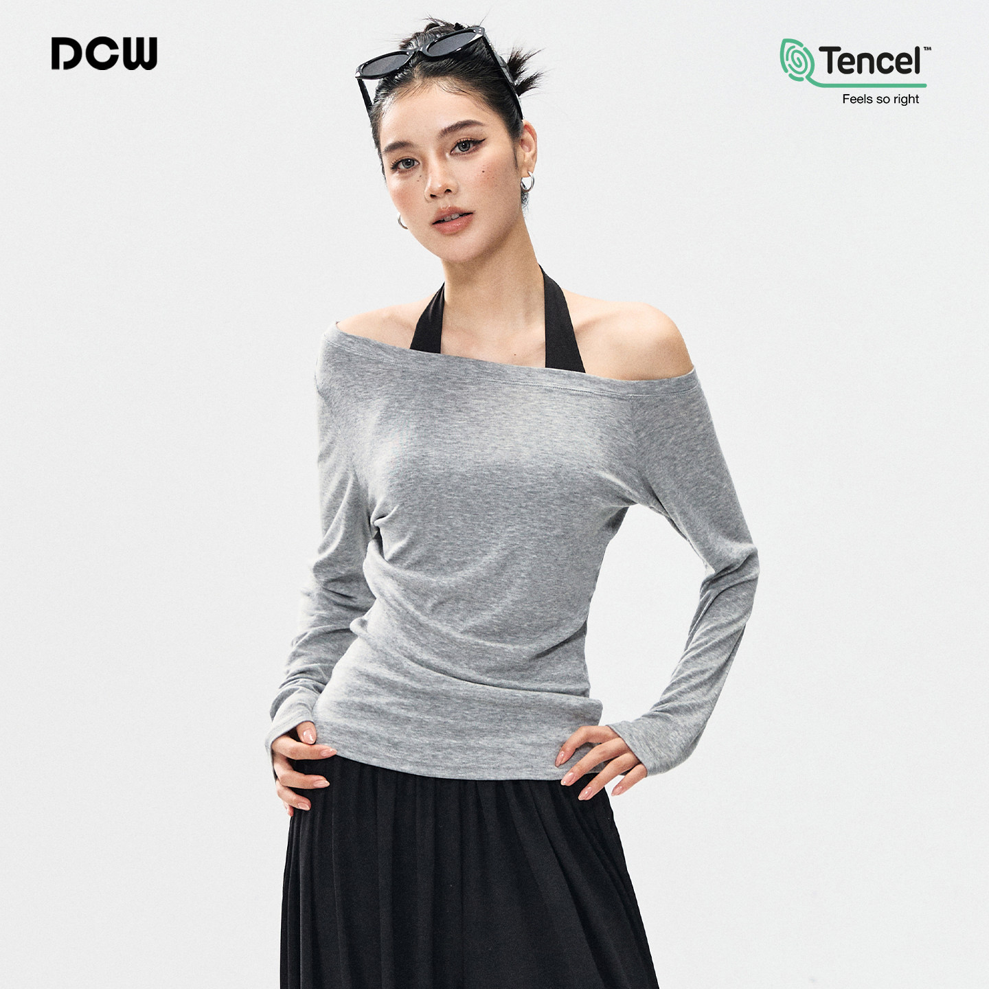 DCW露肩韩系上衣天丝莱赛尔普拉提健身瑜伽服女长袖设计感运动T恤