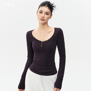内搭跑步训练健身上衣 女V领纽扣性感显瘦打底衫 DCW修身 瑜伽服长袖