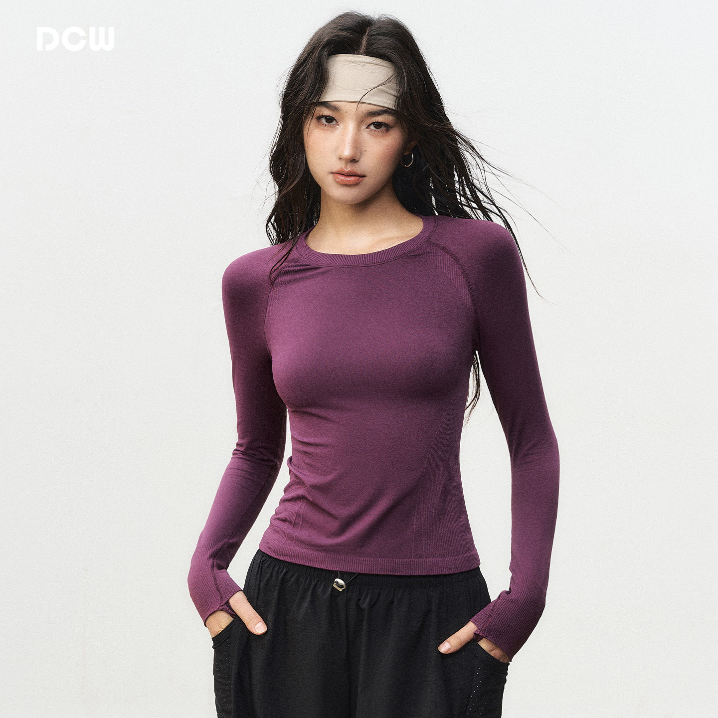 DCW圆领运动打底衫女修身显瘦普拉提瑜伽长袖t恤跑步训练健身上衣,运动服/休闲服装,健身衣,淘宝优惠券,粉丝福利购,淘宝优惠卷