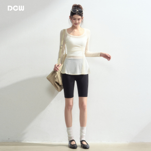 上衣秋 显瘦慵懒微透一字肩普拉提瑜伽服罩衫 DCW薄纱长袖 T恤女修身