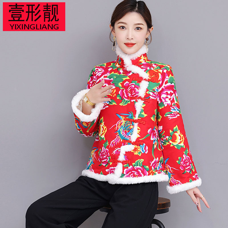 中国风东北大花唐装棉服外套冬款改良旗袍夹棉短款上衣棉衣拜年服