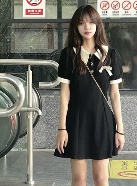 2026新款茶歇法式气质小个子黑色polo洋装子女装夏季a字短裙