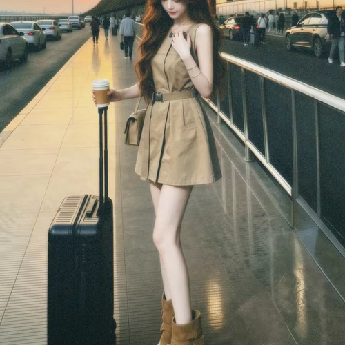 法式复古卡其色吊带裙女