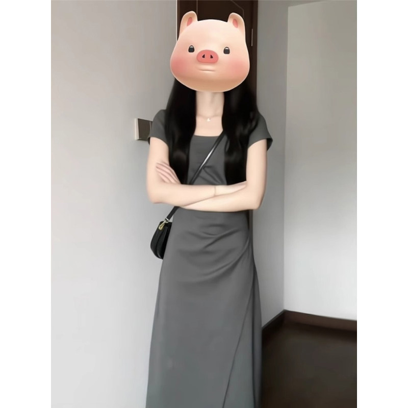 法式气质灰色洋装子女装夏季2026新款高级感小个子收腰显瘦长裙