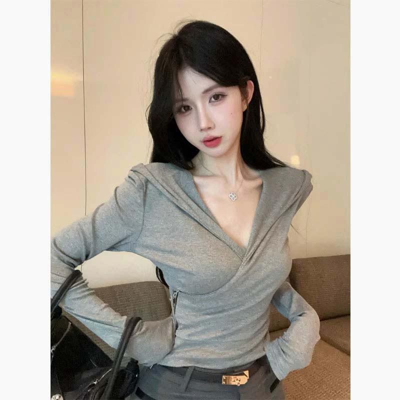 不规则连帽长袖t恤女春秋纯欲辣妹性感低胸v领上衣灰色打底衫内搭