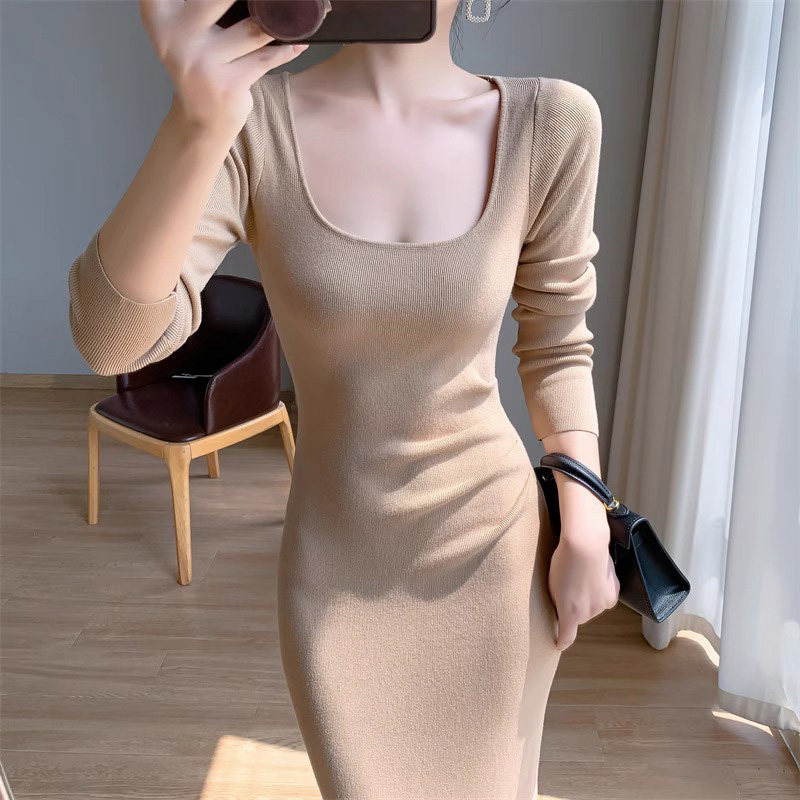 春秋打底针织连衣裙女高级感气质内搭长裙性感U领修身包臀百搭裙