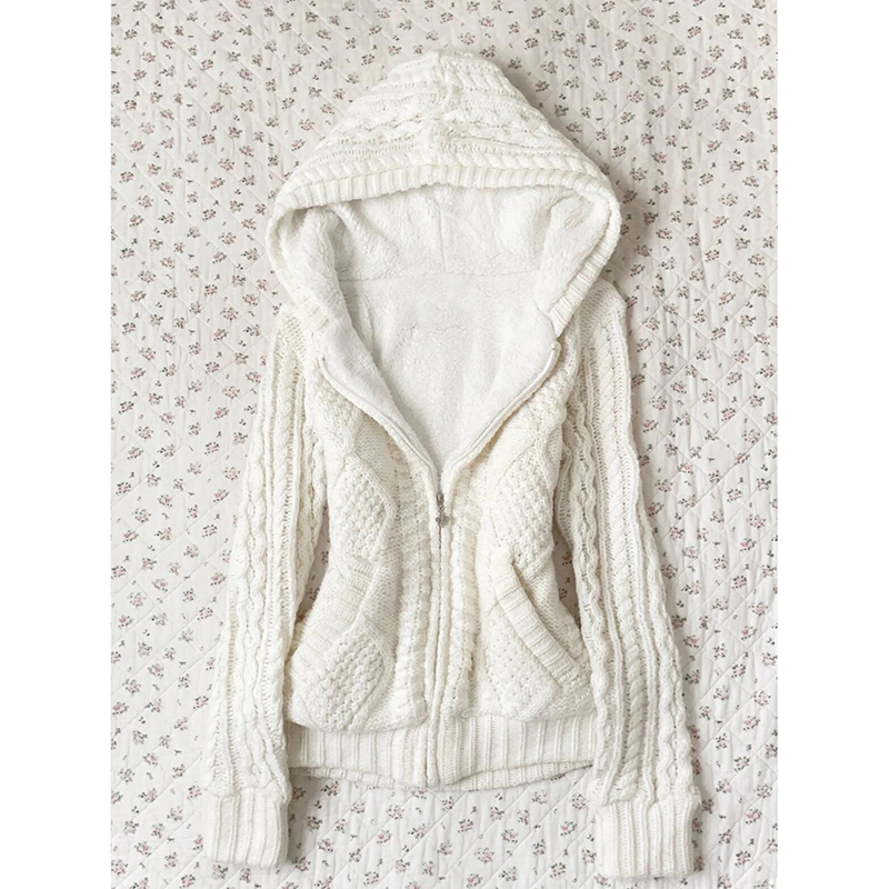 thumbnail for Xia homemade original white fleece thickened hooded sweater jacket women's autumn/winter 2025 new knitted cardigan