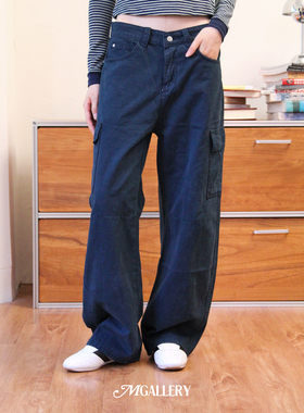 Mgallery复古水洗做旧藏青工装口袋显瘦工装裤休闲长裤25AWK0003