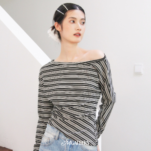 Mgallery条纹撞色莱赛尔弹力亲肤柔软修身 T恤2025AWT0006 斜肩长袖