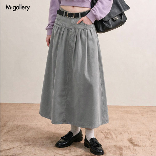 Mgallery水洗做旧A字棉复古百搭拉链蛋糕裙压褶半身裙26AWQ0011