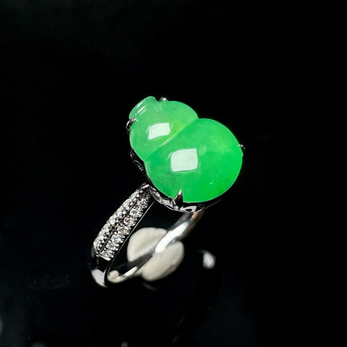 特价小夏珠宝18K金南非钻镶嵌缅甸天然A货翡翠冰种阳绿葫芦戒指