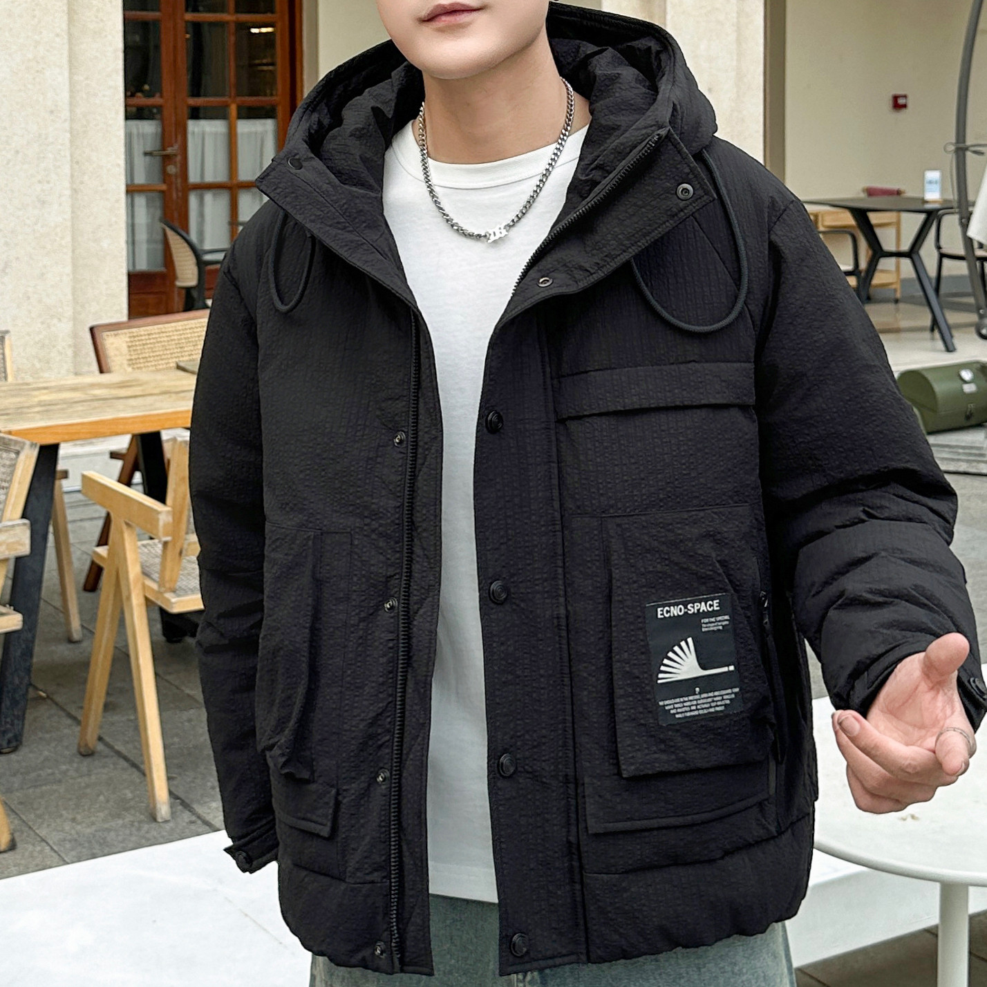 冬季加厚羽丝绒丝服男潮流痞帅工装连帽保暖外套宽松面包服上衣