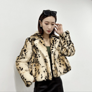 名媛气质长袖 原真进口雷克斯兔毛皮草外套女冬短款 豹纹上衣中长款