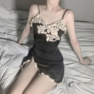 家居服 性感睡衣女仿真丝水溶花吊带睡裙纯欲内衣火辣诱惑短裙套装