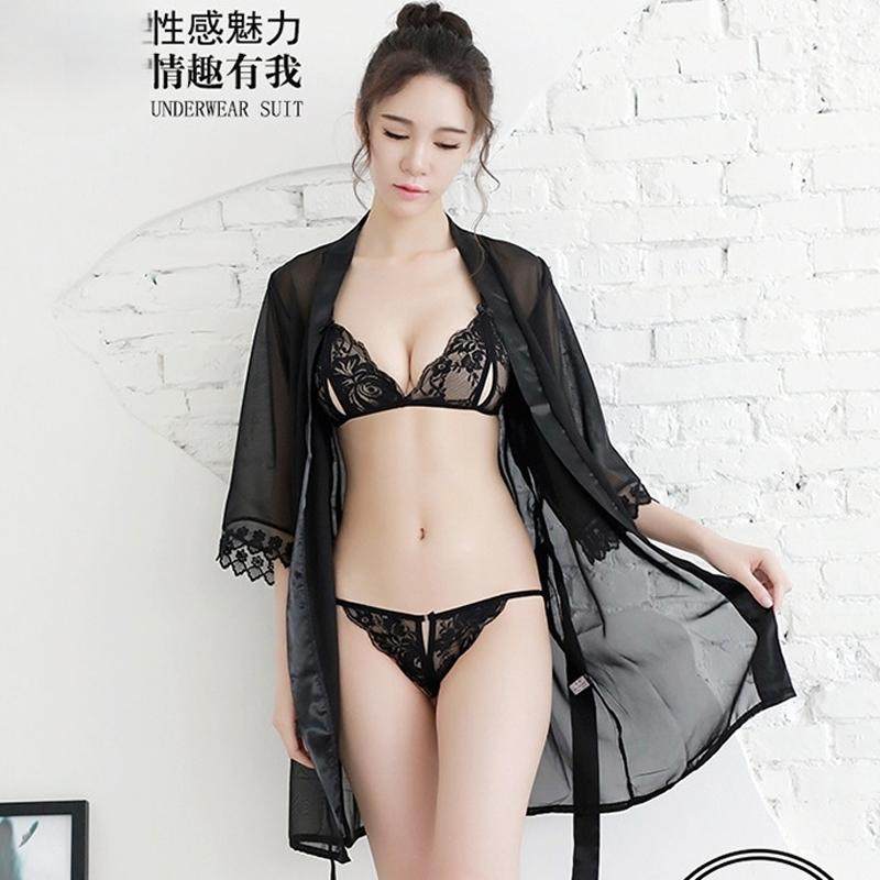 性感睡袍透视三点式内衣浴袍套装