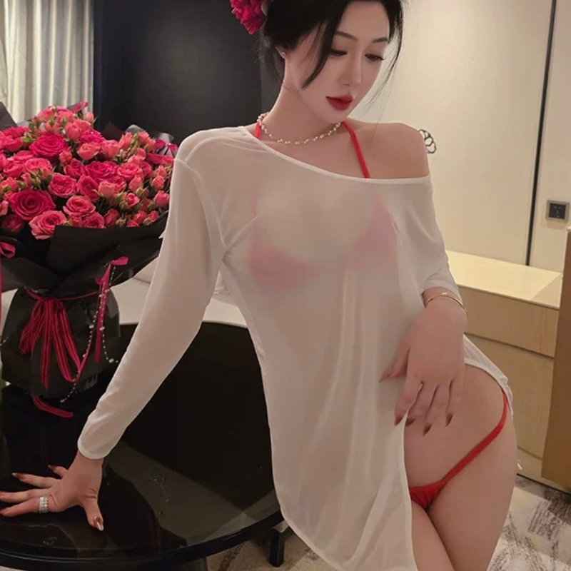 性感三点式文胸套装透视网纱罩衫趣味内衣火辣比基尼绑带诱惑睡衣