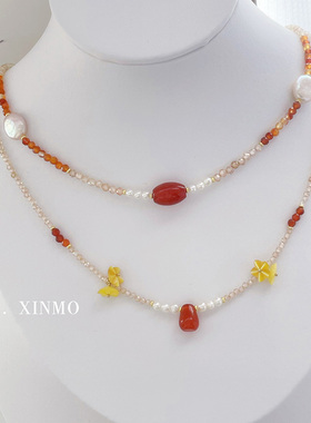 桂花树下 东方古韵红玛瑙珍珠项链 蝶贝花朵 新中式 古风 国风