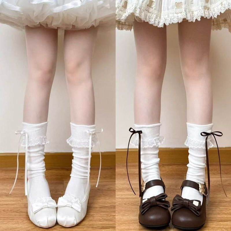Lolita袜蕾丝白色古早娃娃墙熊熊墙日系春夏JK中筒袜蝴蝶结洛丽塔