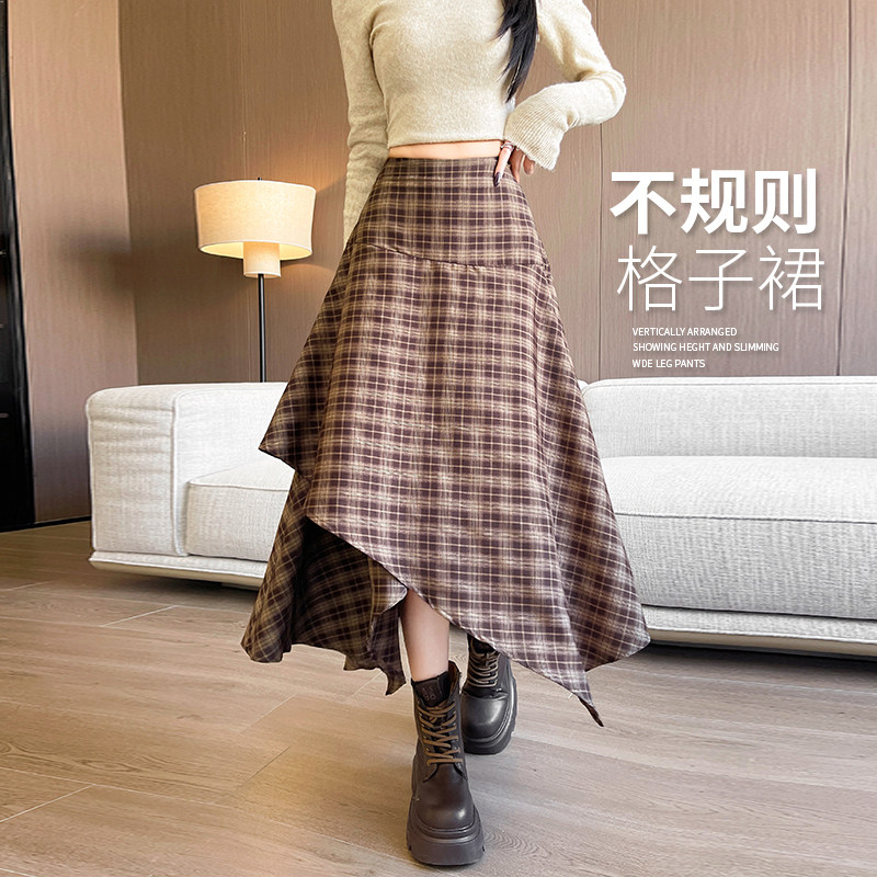 半身裙女秋冬新款格子高腰显瘦a字复古风显瘦百褶不规则中长裙子