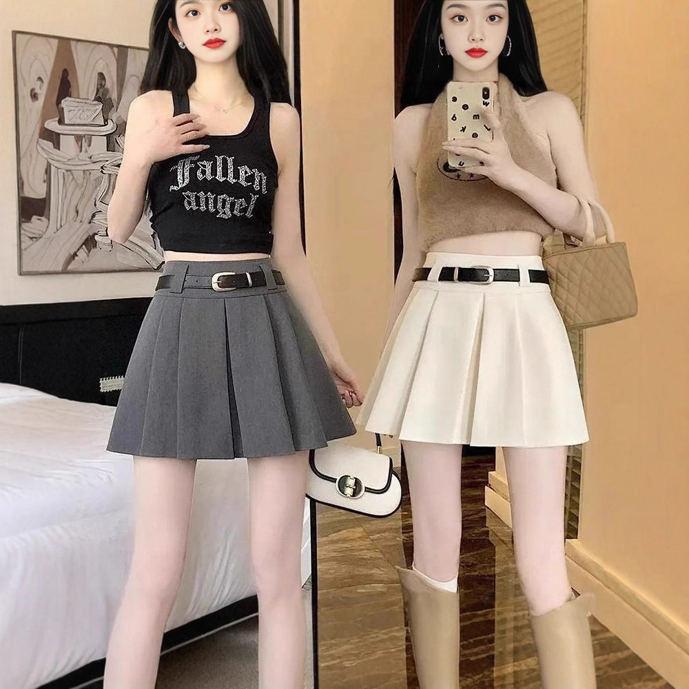 半身裙女2025春夏新款皮带百褶裙高腰显瘦西装学院风小个子短裙子