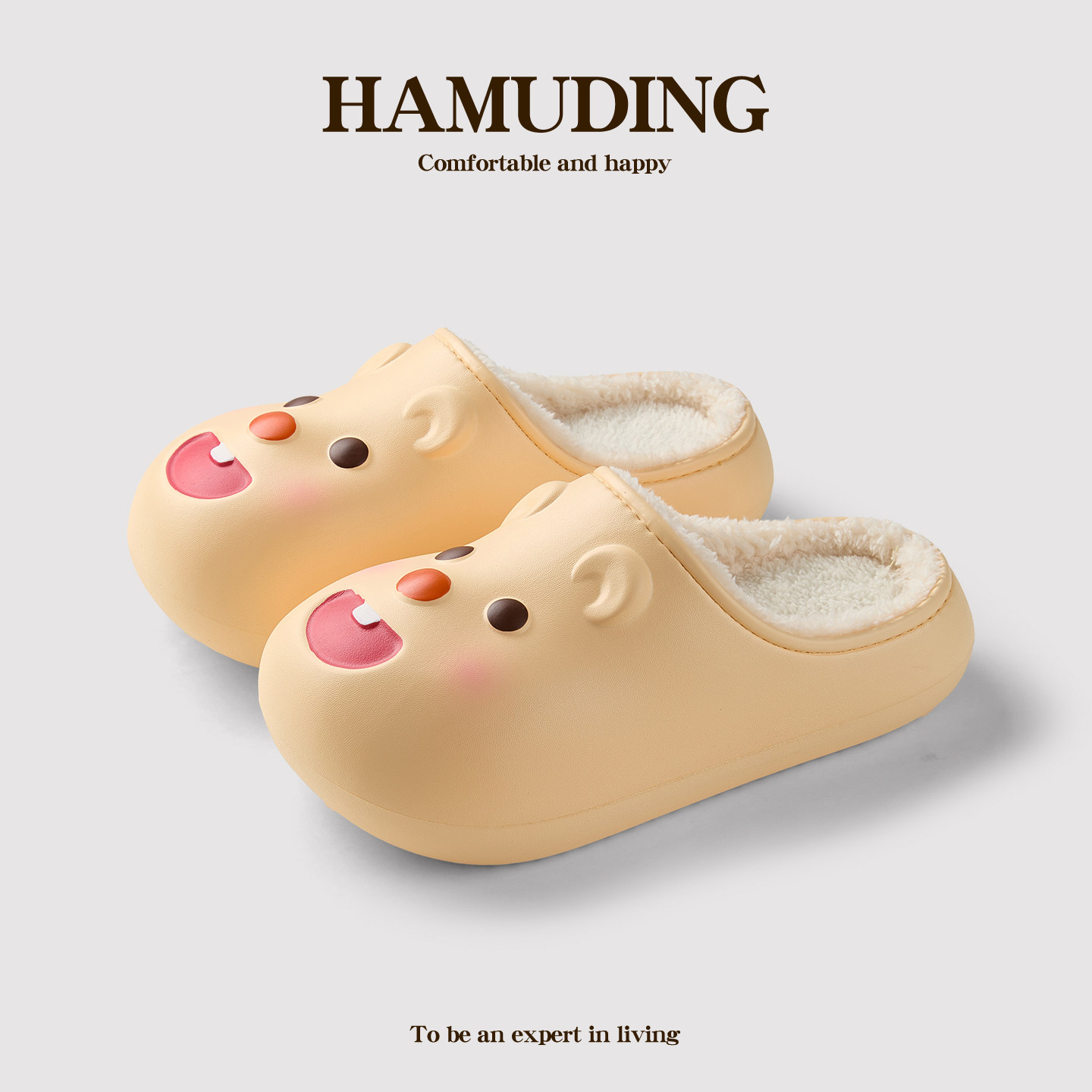 卡通防水棉拖鞋女款冬季保暖加绒防滑软底室内户外两用可爱毛拖鞋